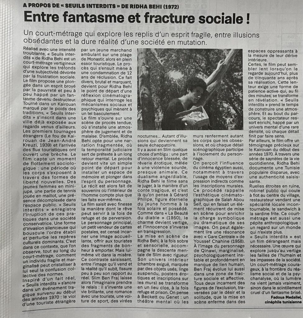 Article La Presse Seuils interdits Ridha Behi 1972 par Fadoua Medallel