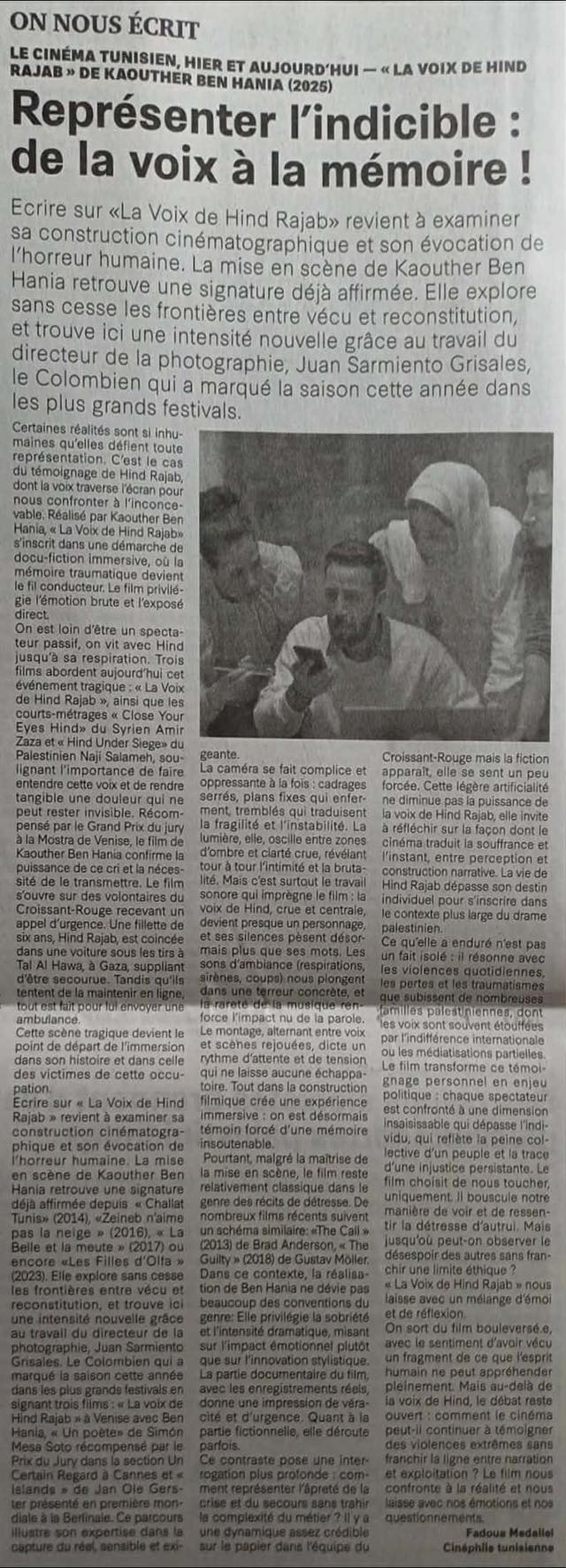 Article autour du film La voix de Hind Rajab de Kaouther Ben Hania 2025
