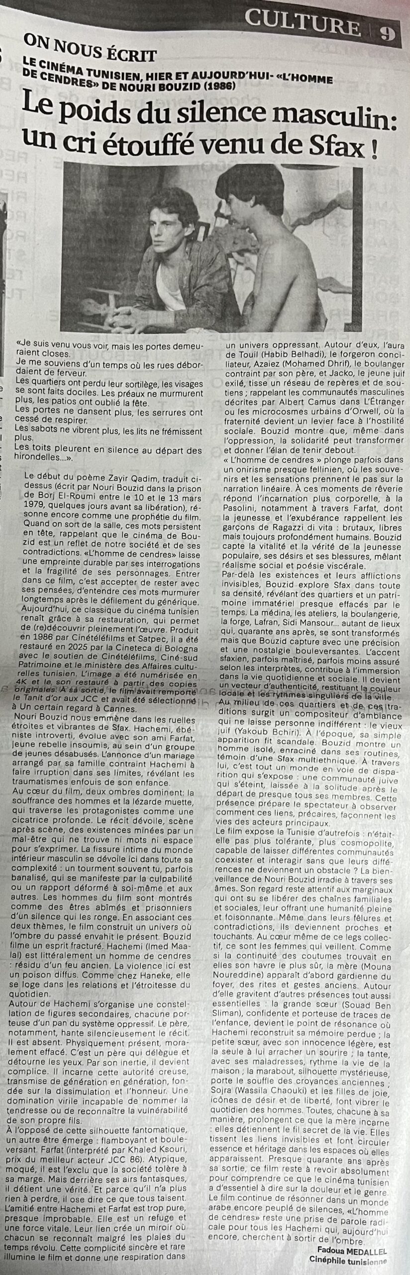 Article-La-Presse-L-homme-de-cendres-Nouri-Bouzid-Fadoua-Medallel-cinephile-tunisienne
