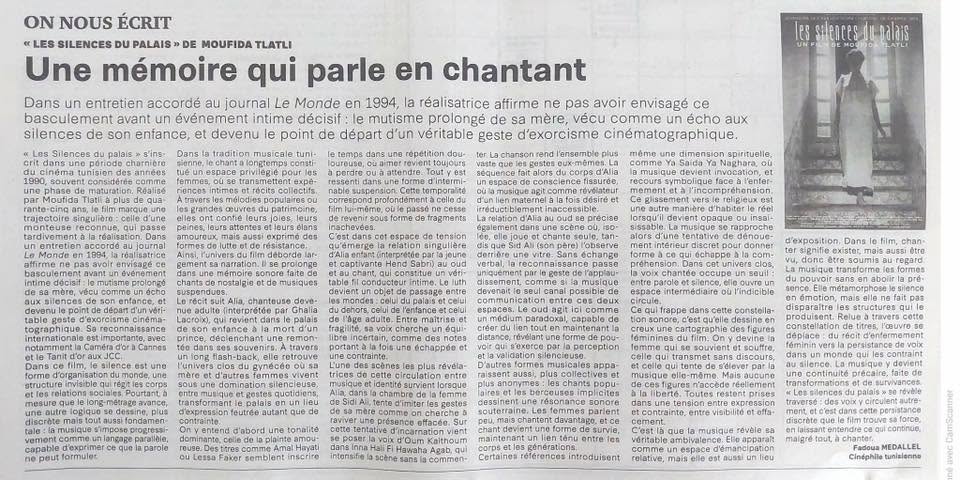 Article autour du film les silences du palais réalisé par Moufida Tlatli_Fadoua Medallel_Cinéphile tunisienne
