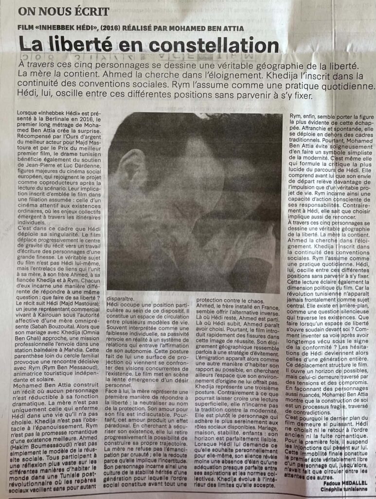 Coupure LA PRESSE-Article autour du film Hedi un vent de liberté n7ebbek Hedi réalisé par Mohamed Ben Attia -Fadoua Medallel-Cinephile tunisienne