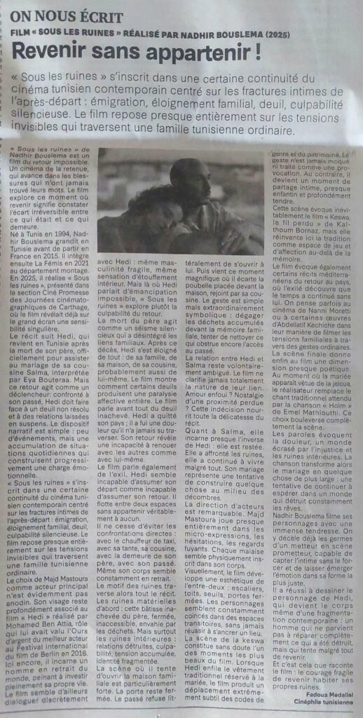 Coupure-LA-PRESSE-Article-autour-du-film-sous-les-ruines-realise-par-nadhir-bouslama-Fadoua-Medallel-Cinephile-tunisienne