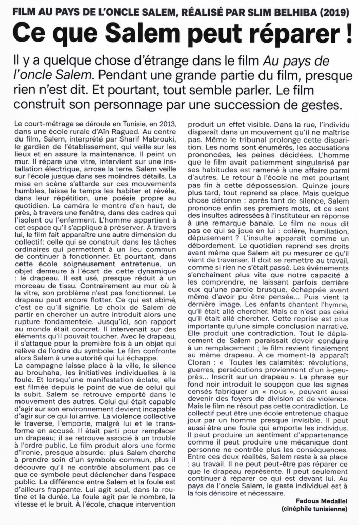 Coupure La Presse Article Film Au pays de l’oncle Salem, réalisé par Slim Belhiba (2019)