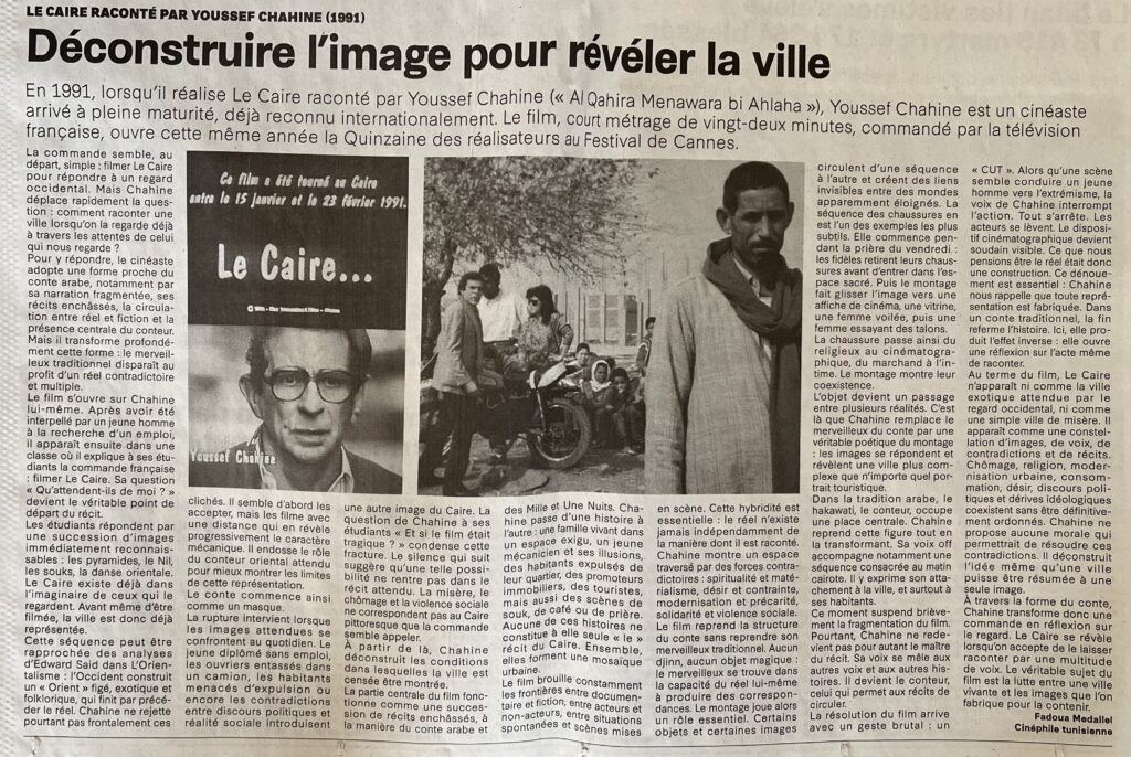 Coupure-LA-PRESSE-Article-autour-du-film-Le-Caire-raconte-par-Youssef-Chahine-realise-par-Youssef-Chahine-Fadoua-Medallel-Cinephile-tunisienne