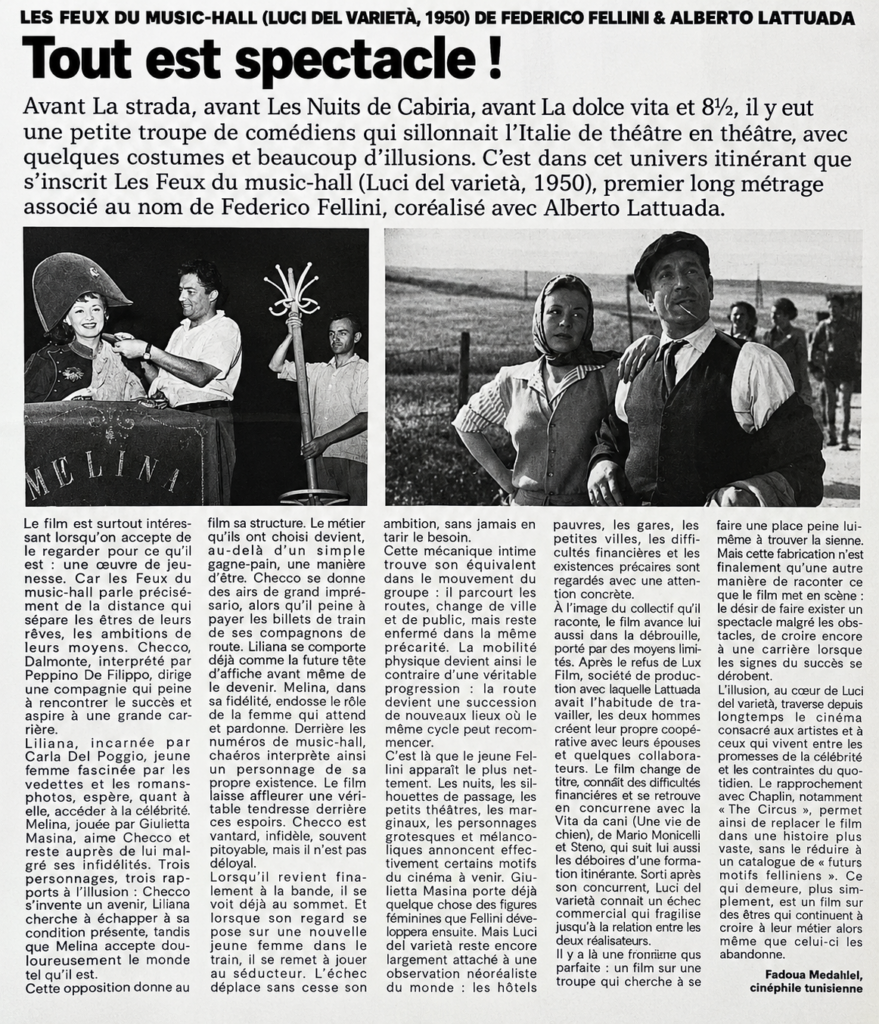 Coupure LA PRESSE-Article autour du film  Les Feux du music-hall Luci del varieta réalisé par Federico Fellini Alberto Lattuada-1950 -Fadoua Medallel-Cinephile tunisienne