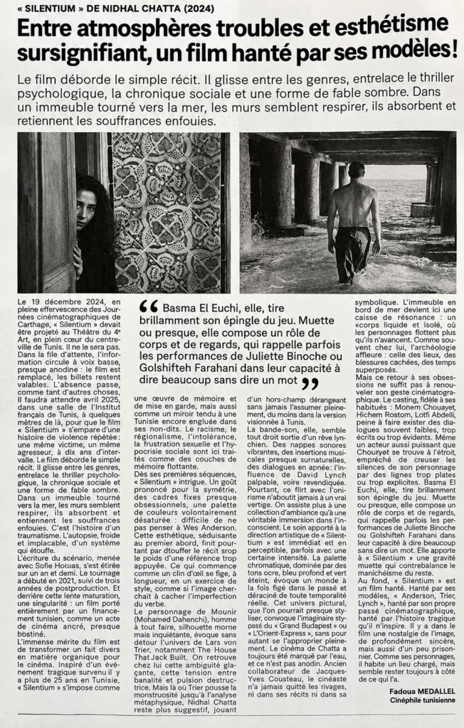 Coupure LA PRESSE-Article autour du film Silentium réalisé par Nidhal Chatta-Fadoua Medallel-Cinephile tunisienne
