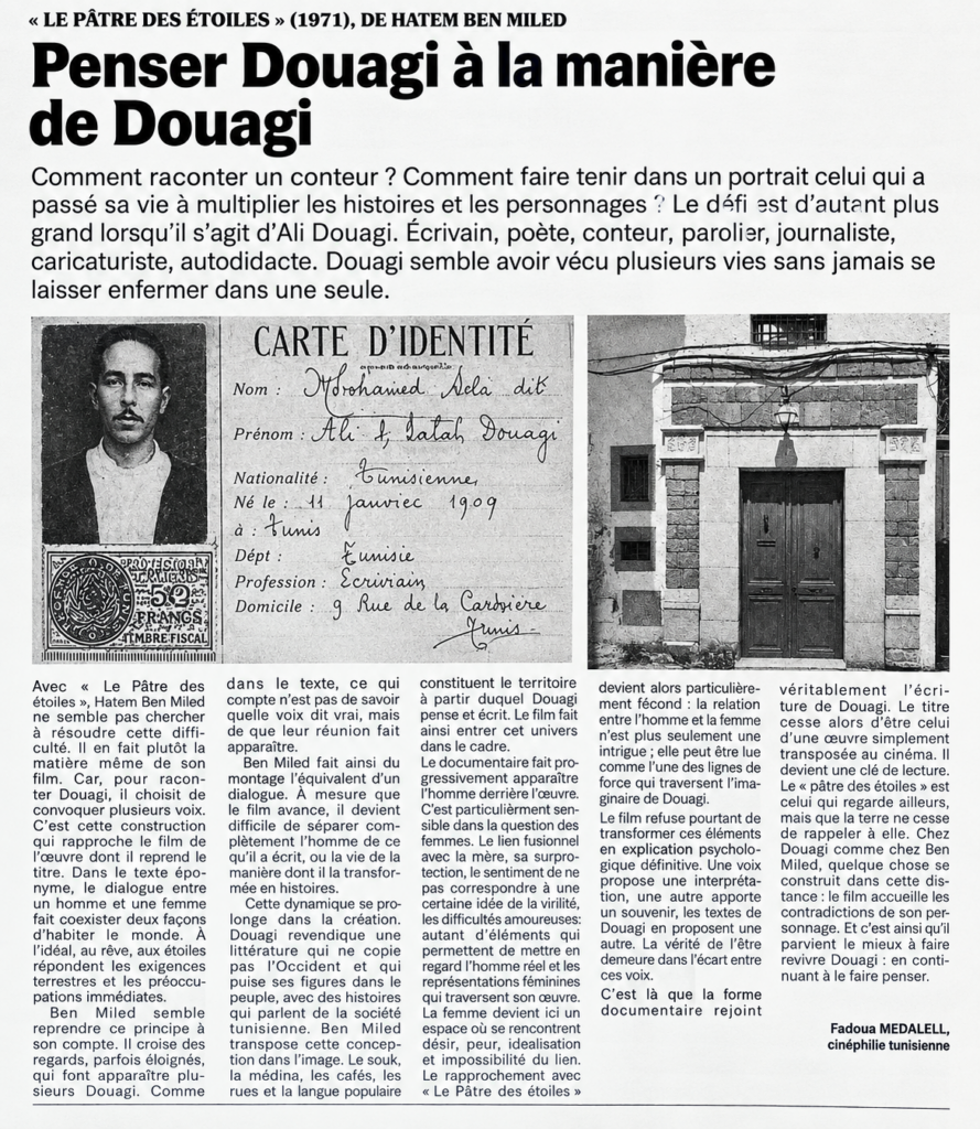Coupure-LA-PRESSE-Article-autour-du-film-(1971) Le Pâtre des étoiles de Hatem Ben Miled Fadoua-Medallel-Cinephile-tunisienne